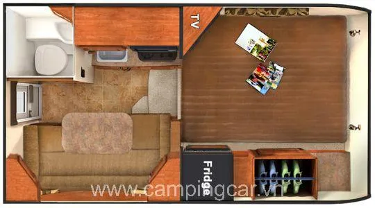 Bản vẽ 3D chi tiết mô phỏng mặt bằng nội thất của Truck Camper Lance 650