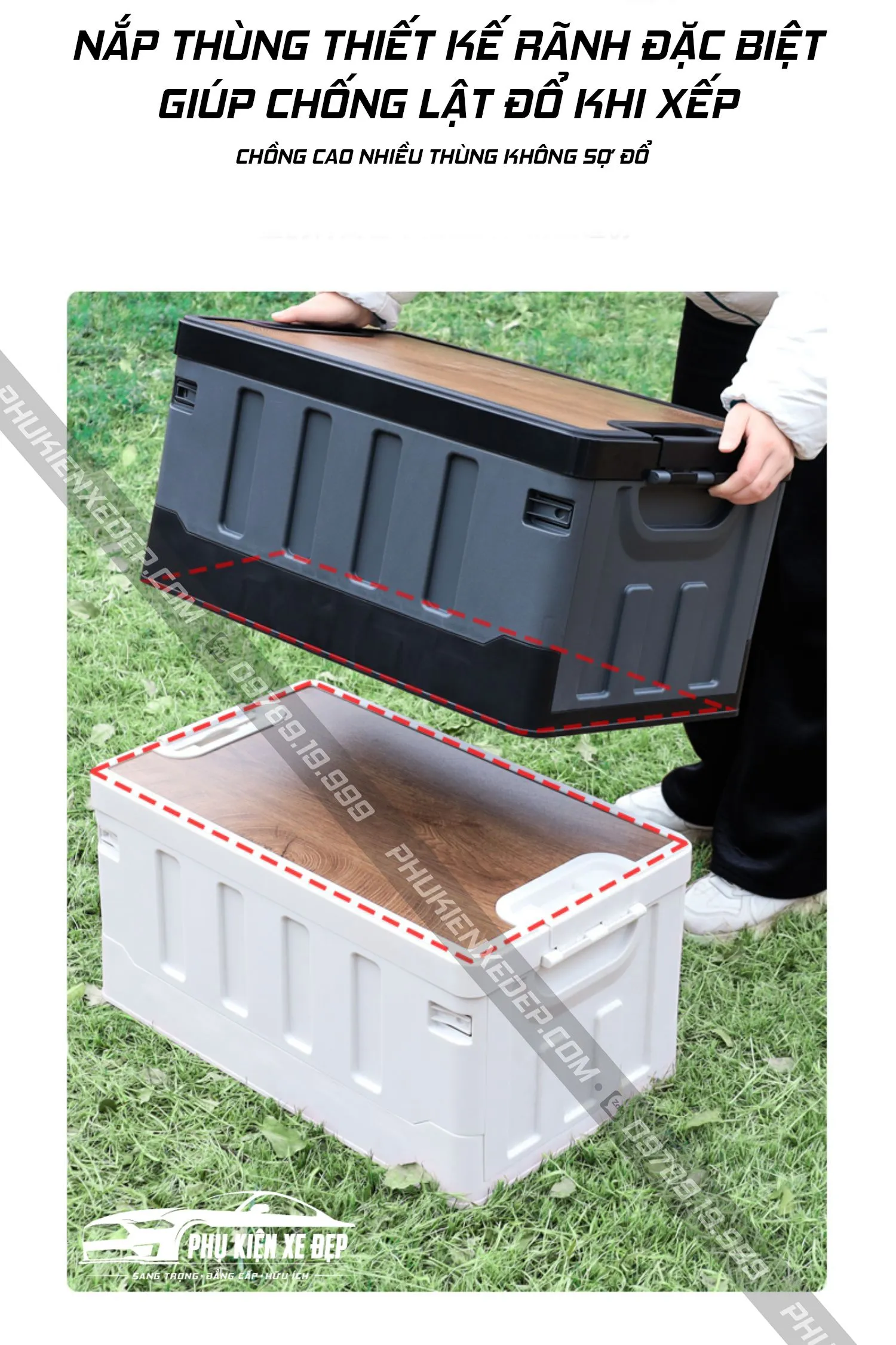 Tổng thể chiếc thùng đựng đồ ô tô gấp gọn với nắp gỗ được đóng lại, sẵn sàng để sử dụng hoặc di chuyển