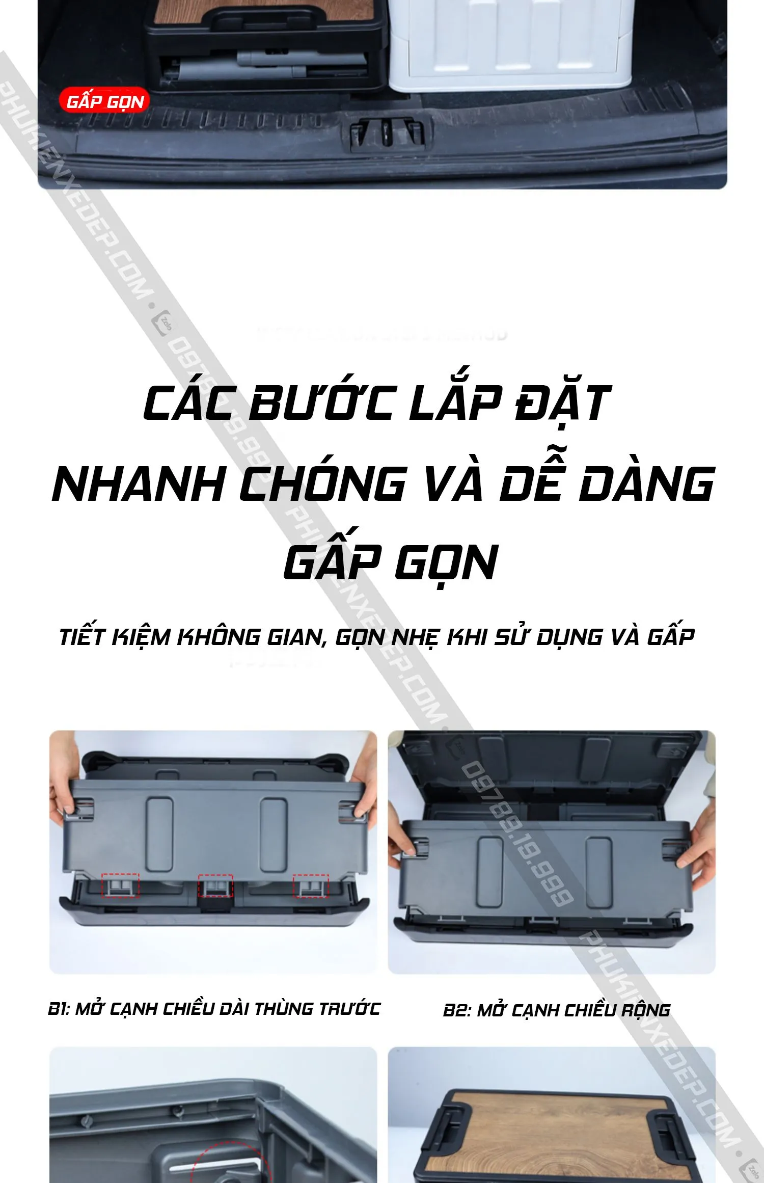 Hình ảnh mô tả việc sử dụng thùng đựng đồ cốp xe ô tô làm ghế ngồi tạm thời, cho thấy độ chắc chắn và tính năng nắp gỗ đa năng