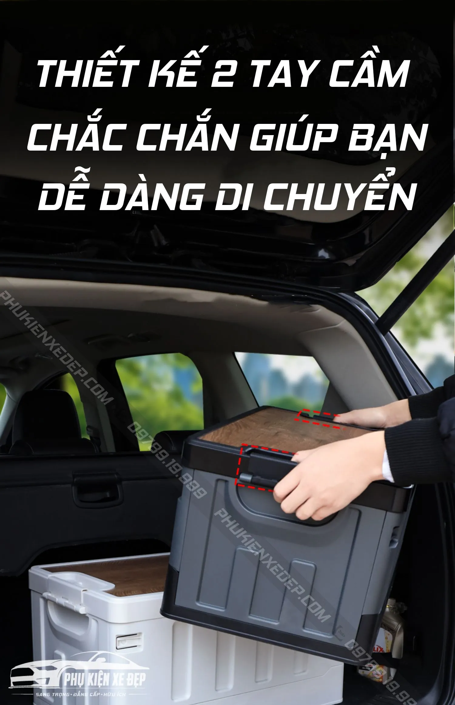 Hình ảnh thùng đựng đồ ô tô được mở nắp, cho thấy không gian chứa đồ rộng rãi và cấu trúc vững chắc