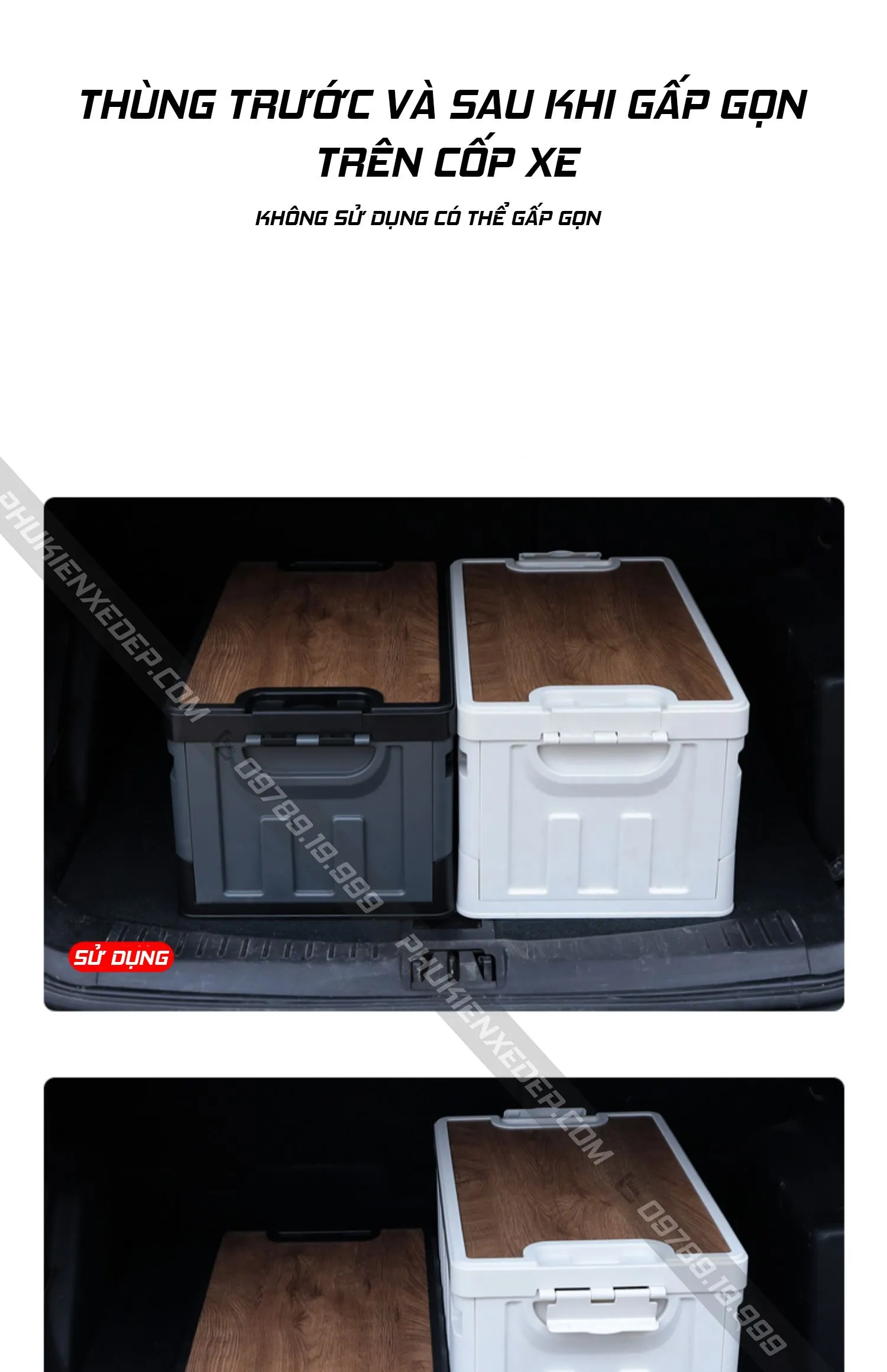 Ba thùng đựng đồ ô tô gấp gọn được sắp xếp cạnh nhau, cho thấy khả năng xếp chồng và lưu trữ hiệu quả