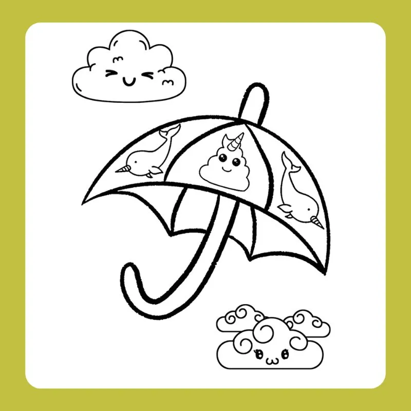 Bé trai cầm chiếc ô đi dưới mưa, một ví dụ về tranh tô màu cái ô