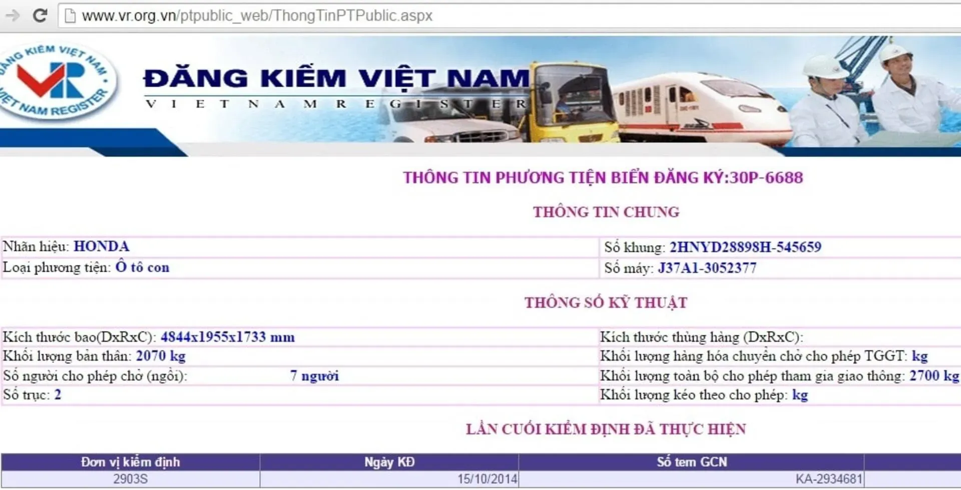 Kết quả tra cứu đăng kiểm ô tô online
