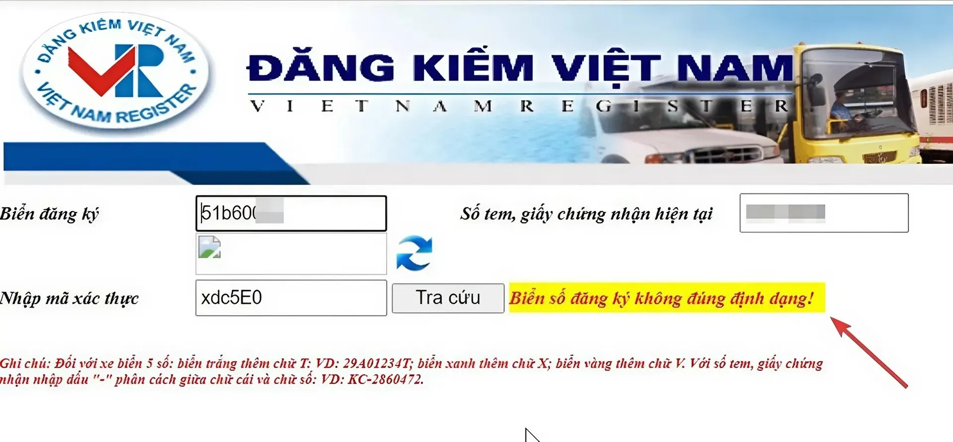 Biển số đăng ký không đúng định dạng