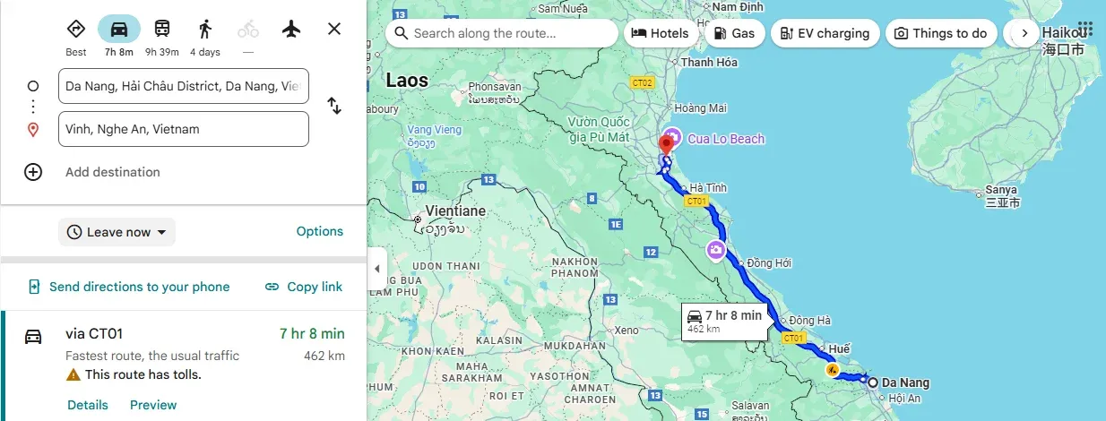 Tuyến xe Đà Nẵng Vinh dài khoảng 400km với 7 tiếng di chuyển