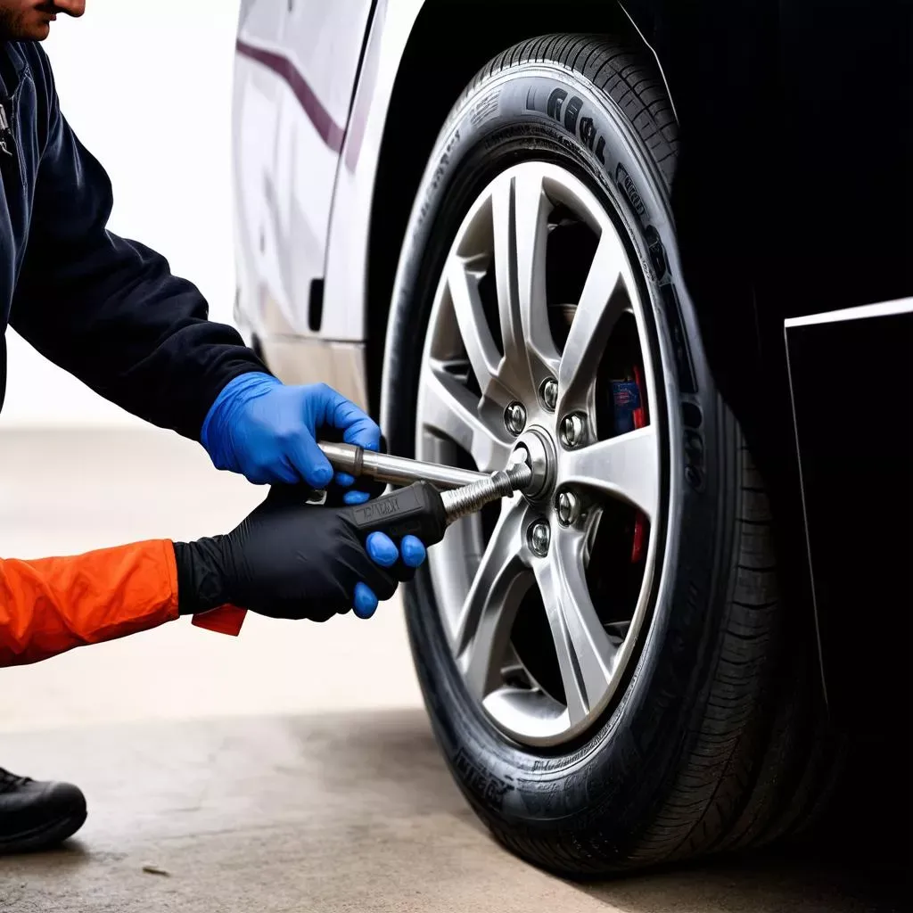 Tài xế đang sử dụng cờ lê lực để siết ốc bánh xe ô tô theo đúng quy trình hình sao