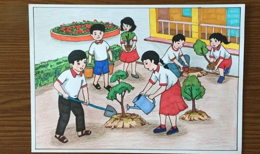Vẽ tranh bảo vệ môi trường với hình ảnh cây cối xanh tươi, mang thông điệp ý nghĩa
