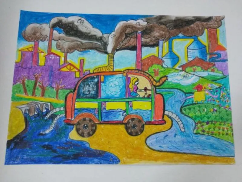 Tranh vẽ “Ô tô làm sạch không khí và nguồn nước ô nhiễm” với thiết kế đa chức năng