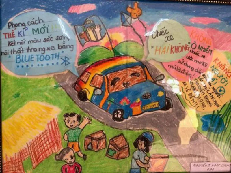 Tranh vẽ “Ô tô thông minh “hai không” – không khói, không ồn” với màu sắc trong trẻo