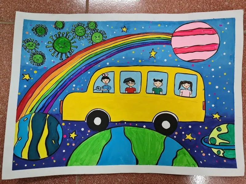Chủ đề tranh “Xe buýt cầu vồng bay trong vũ trụ” thể hiện ước mơ bay xa