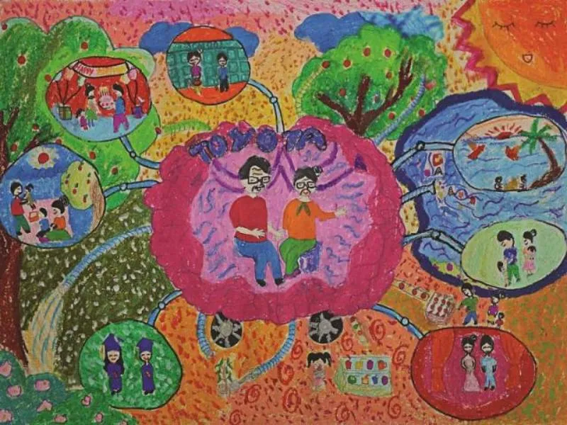 Tranh vẽ “Ô tô kết nối yêu thương giữa con người và cuộc sống” với hình ảnh trái tim và con người