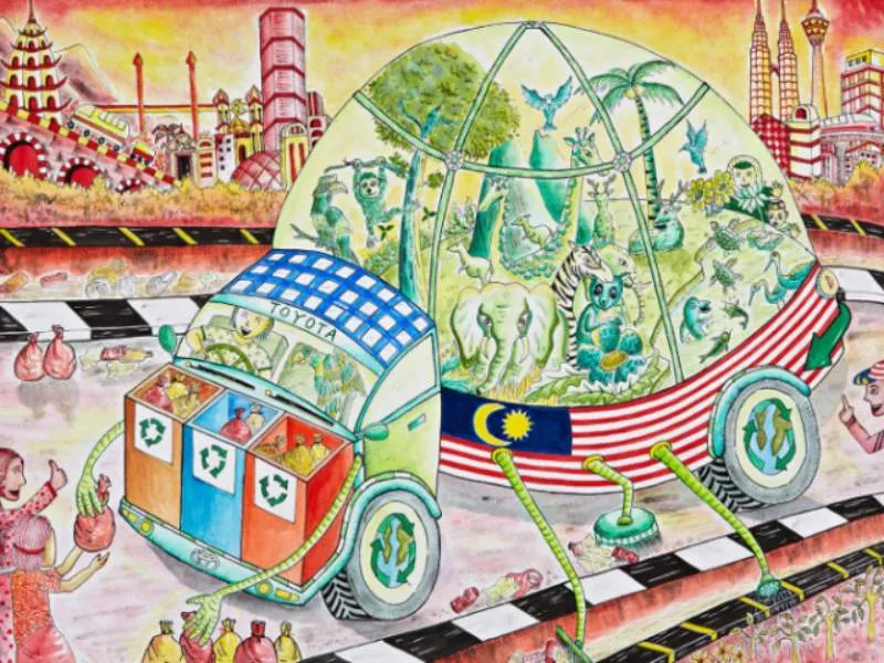 Tranh vẽ “Ô tô bảo vệ môi trường và động vật hoang dã” với màu xanh chủ đạo