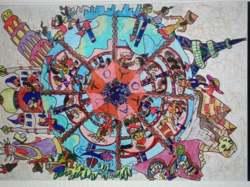 Tranh vẽ “Ô tô vòng quanh thế giới kết nối các nền văn hóa” thể hiện sự đa dạng và hòa bình