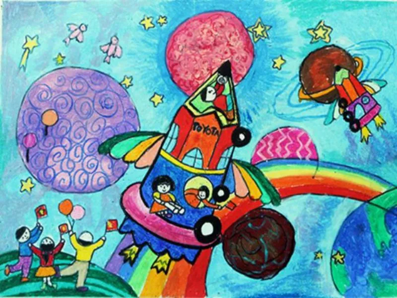 Tranh vẽ “Ô tô bay khám phá vũ trụ nhiều sắc màu” với kỹ thuật phối cảnh giúp tạo cảm giác không gian ba chiều