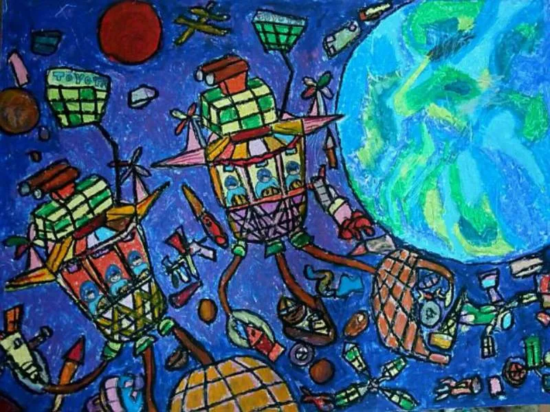 Tranh vẽ “Ô tô không gian khám phá vũ trụ” sử dụng gam màu tím và xanh đậm tạo cảm giác bí ẩn