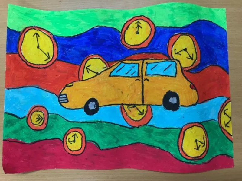 Tranh vẽ “Ô tô du hành thời gian” sử dụng các đường nét cong và phối cảnh lượn sóng