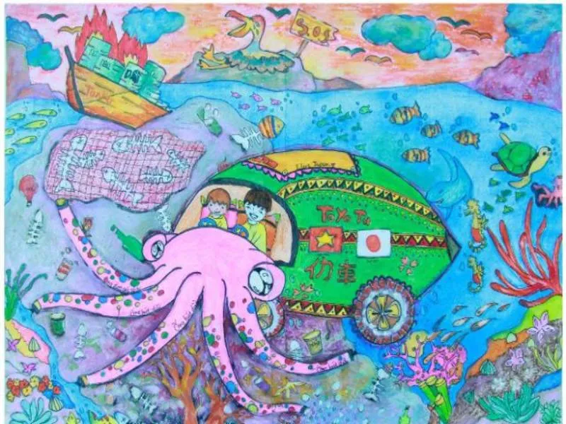 Tranh vẽ “Ô tô thám hiểm đại dương cùng bạn mực khổng lồ” thể hiện sự tương tác với sinh vật biển