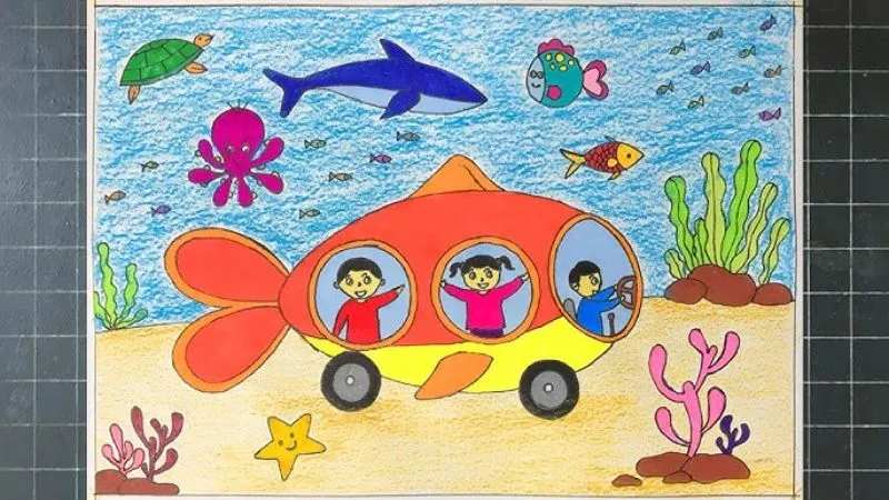 Minh họa chủ đề ô tô mơ ước thám hiểm đại dương với màu sắc tươi sáng