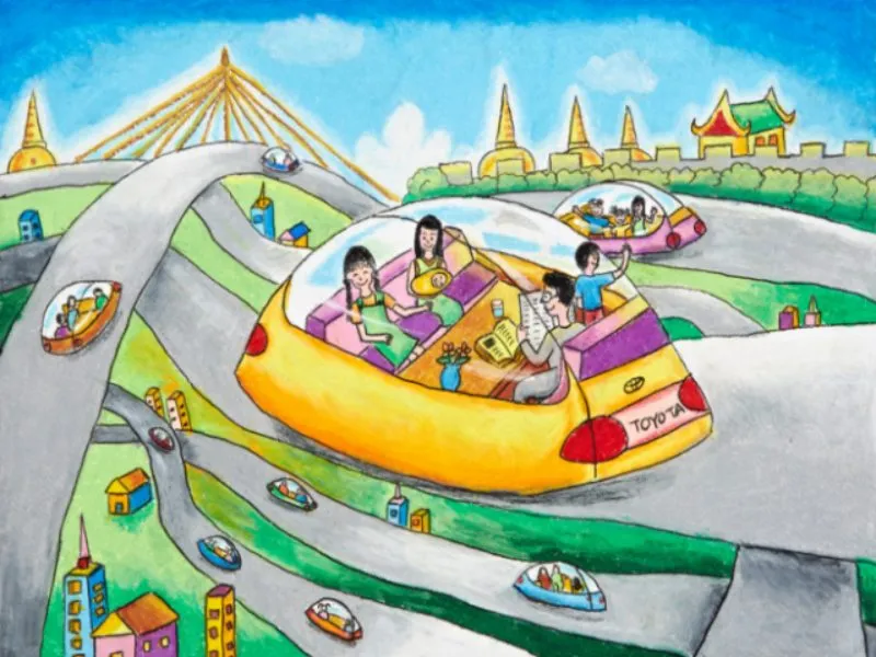 Tranh vẽ “Ô tô gia đình hiện đại di chuyển trên cao tốc tương lai” thể hiện tầm nhìn về kiến trúc đô thị