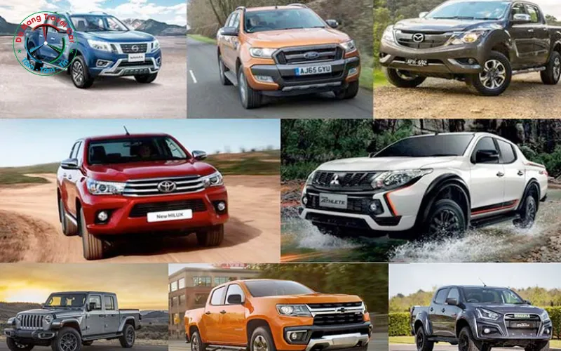 Mô tả hình ảnh quy trình kiểm tra lốp xe và hệ thống gầm của một chiếc bán tải 4 chỗ tại xưởng dịch vụ