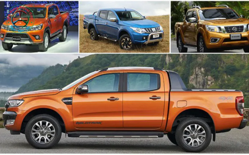 Mô tả hình ảnh hai chiếc xe bán tải 4 chỗ khác nhau đang đỗ cạnh nhau, thể hiện sự so sánh giữa các dòng xe