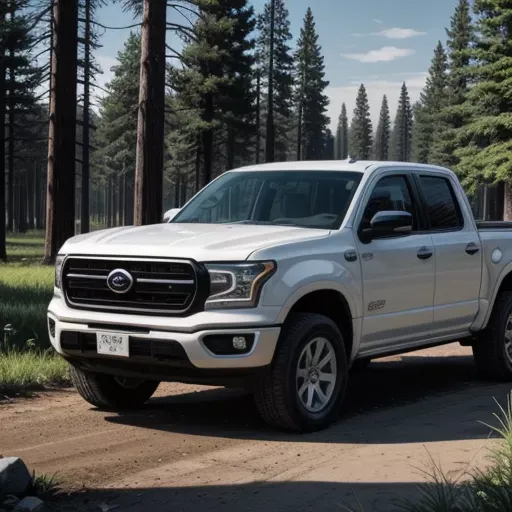 Xe bán tải Calibre màu trắng đậu trên bãi đất trống, xung quanh là cây cối