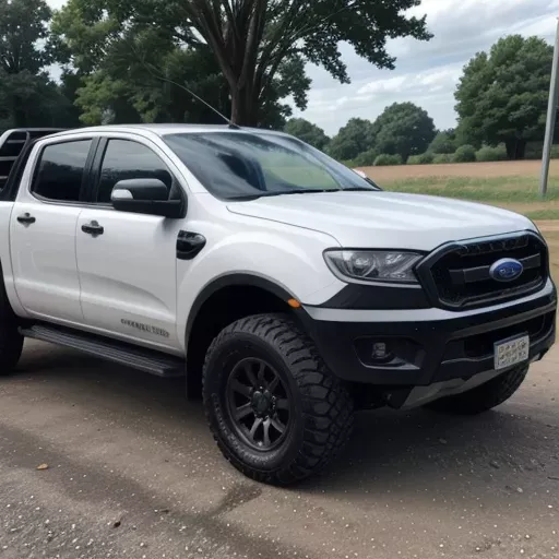 Mô tả xe bán tải Ford Ranger màu đen mạnh mẽ đang di chuyển trên địa hình gồ ghề