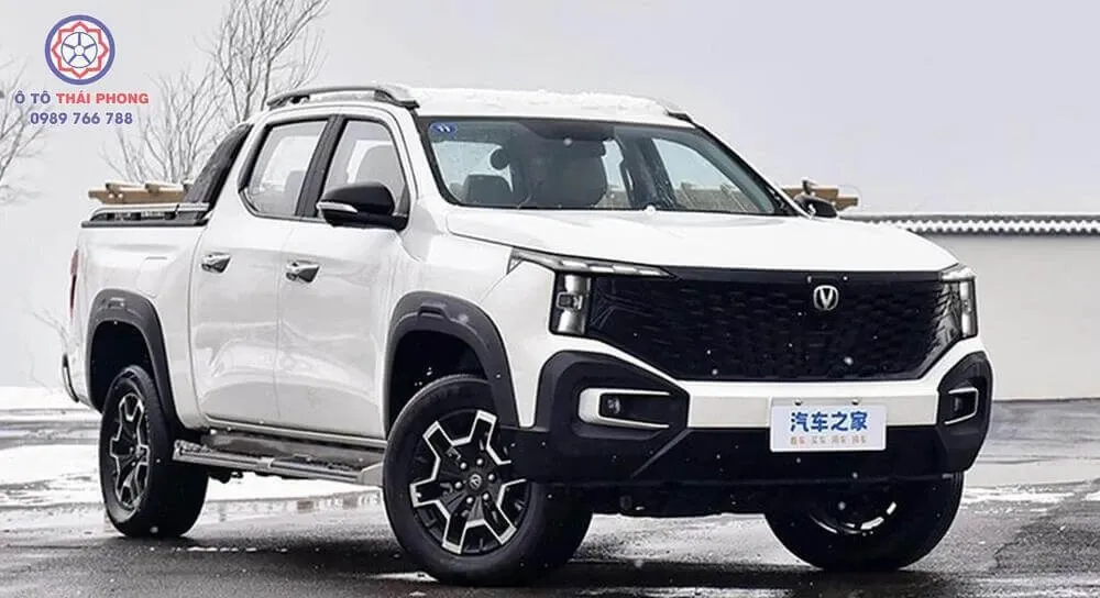 Một chiếc xe bán tải màu trắng đang đỗ tại một khu vực nông thôn, nhấn mạnh tính đa dụng