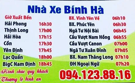 Lộ trình xe Bình Hà từ Hải Hậu qua Mỹ Đình Nội Bài đến Vĩnh Yên