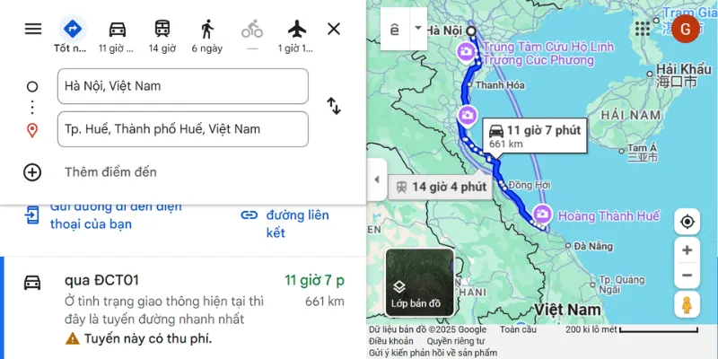Xe Hà Nội Huế với quãng đường khoảng 661 km, thời gian di chuyển 11-14 giờ