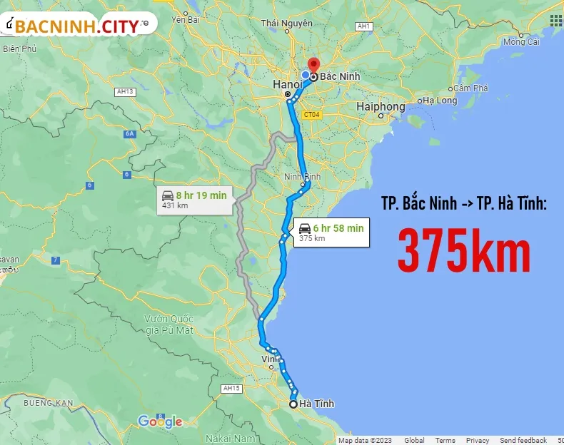 Bản đồ quãng đường di chuyển giữa Hà Tĩnh và Bắc Ninh
