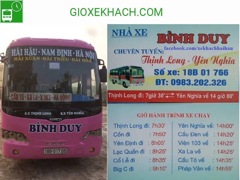 Xe khách tuyến Hải Hậu Nam Định đi Yên Nghĩa nhà xe Bình Duy