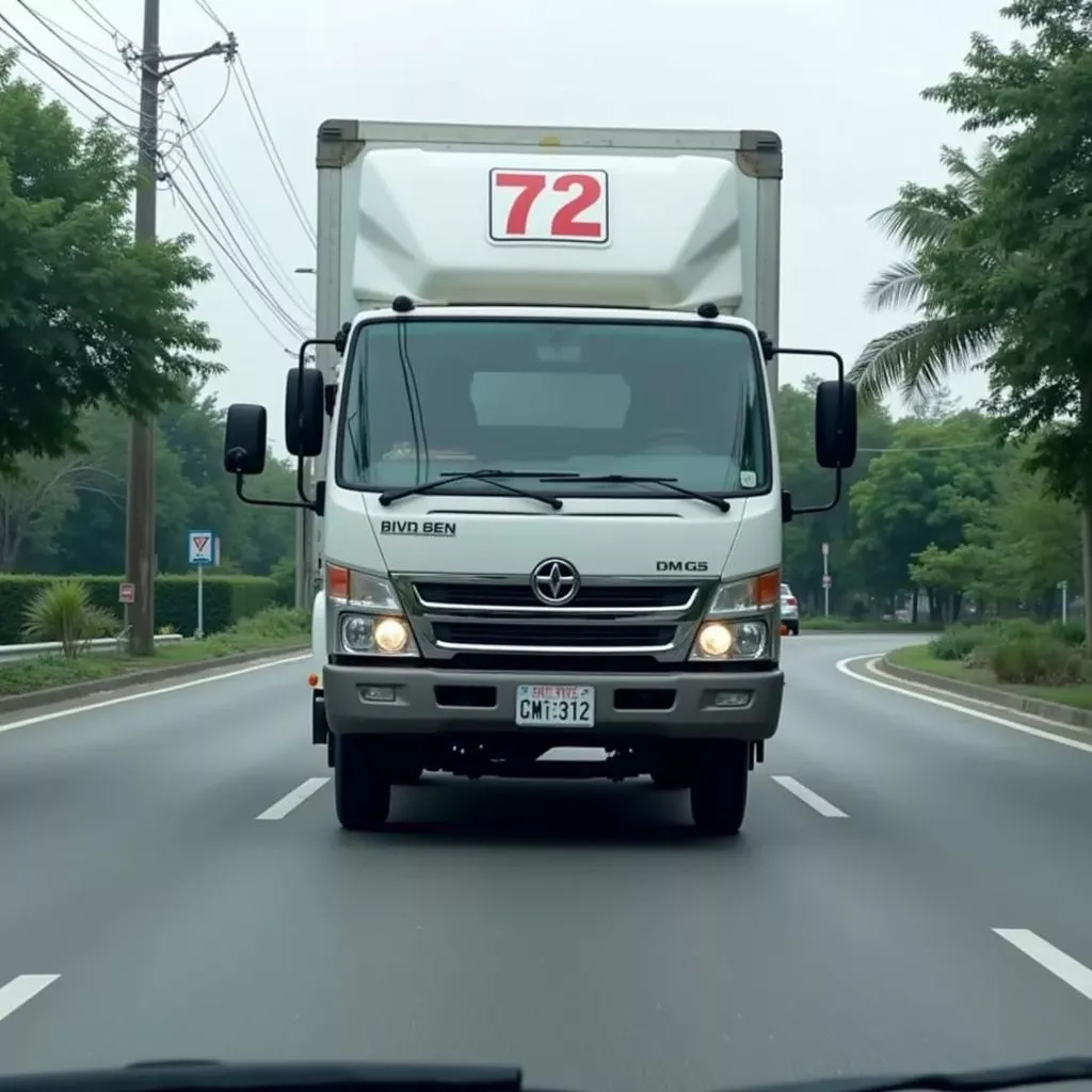 Xe tải hạng trung màu đỏ mang biển số 72 đang lưu thông