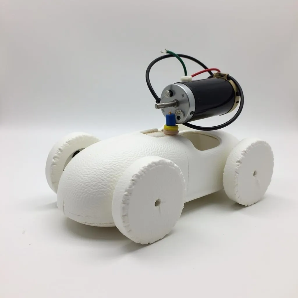 Hình ảnh chiếc ô tô làm bằng xốp có lắp đặt động cơ điện mini và hộp pin ở thân sau, minh họa cơ chế xe tự chạy