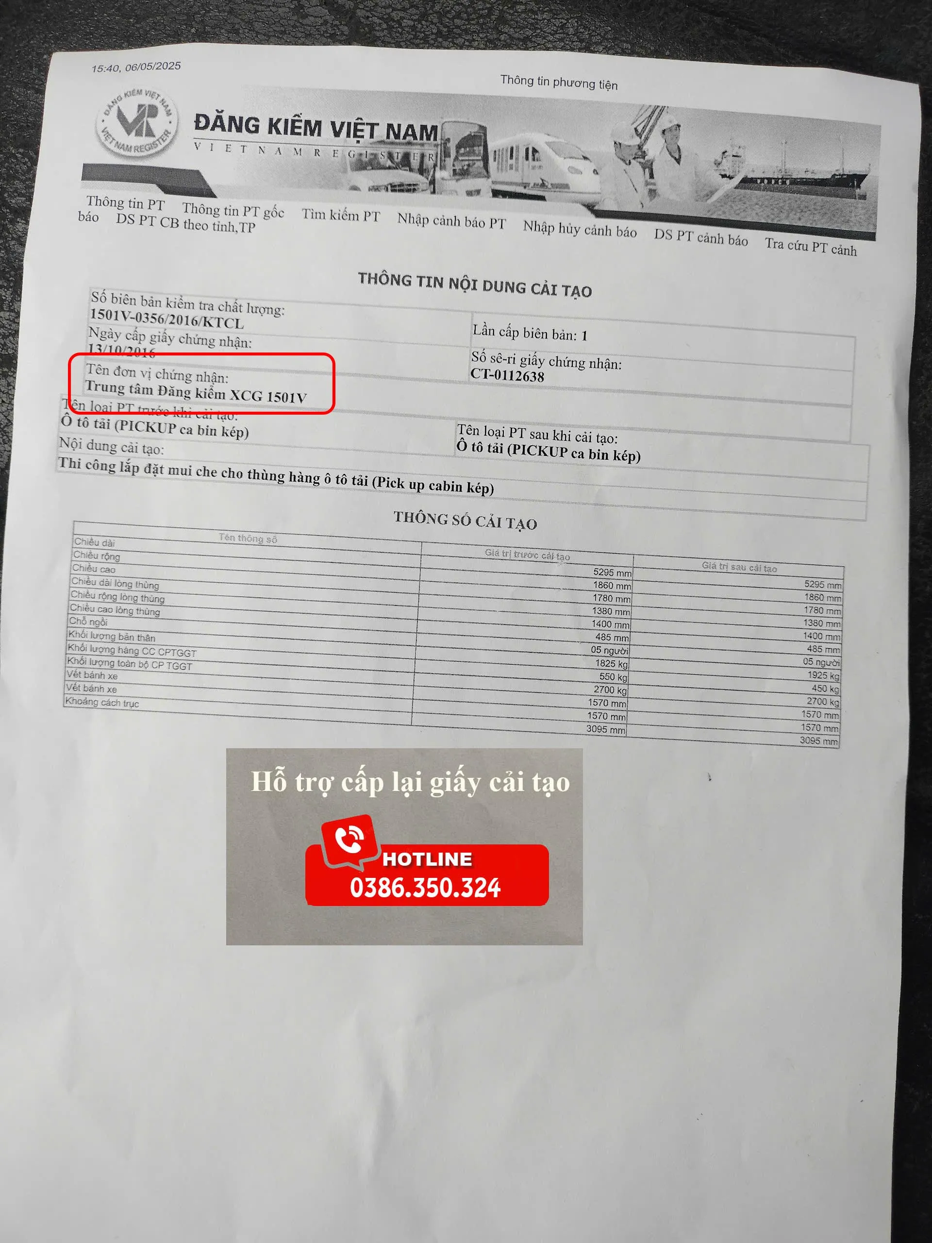 Xin cấp lại giấy cải tạo xe ô tô bán tải
