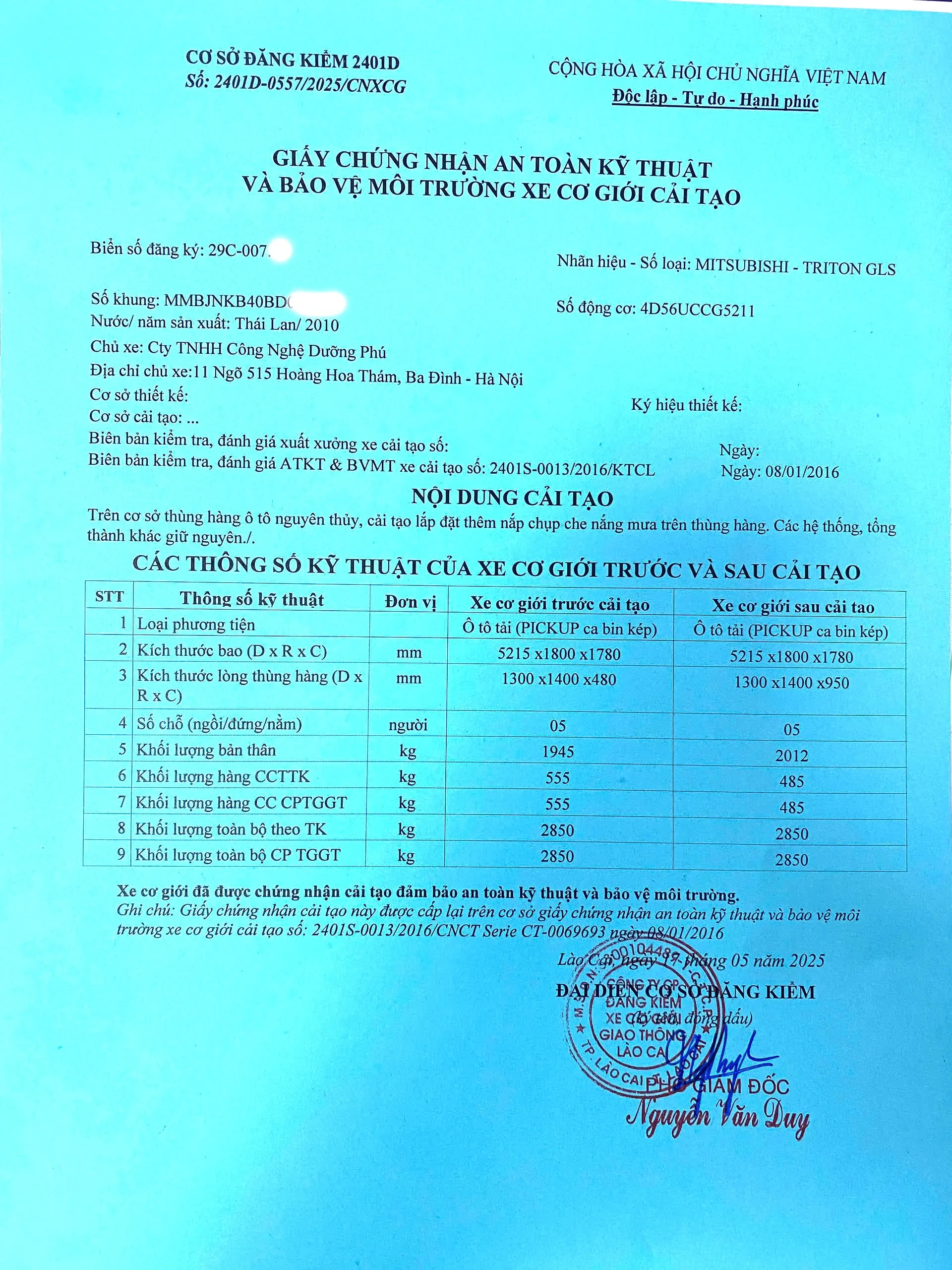 Thủ tục hoán cải nắp thùng xe bán tải
