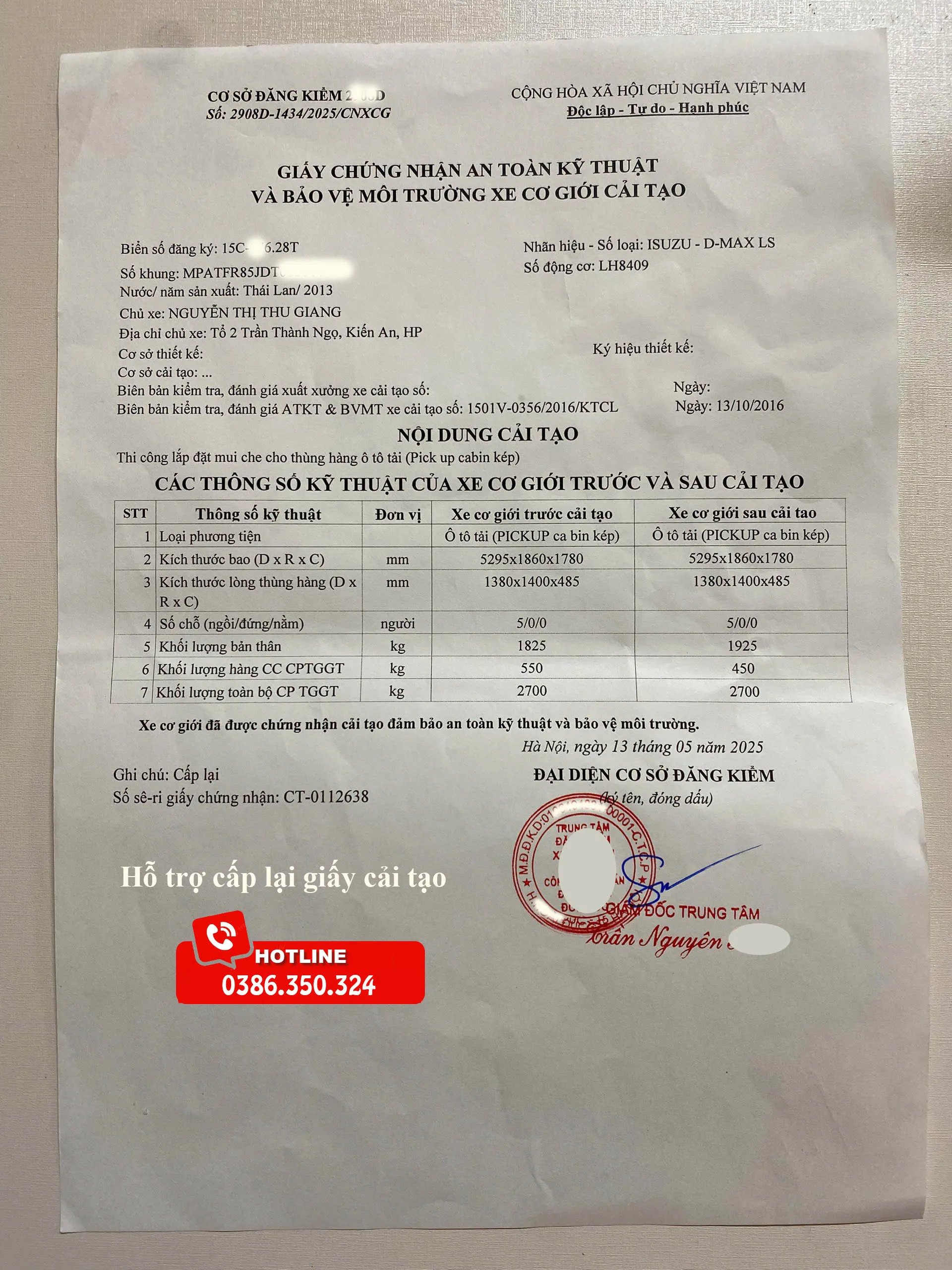 Xin cấp lại giấy cải tạo xe ô tô