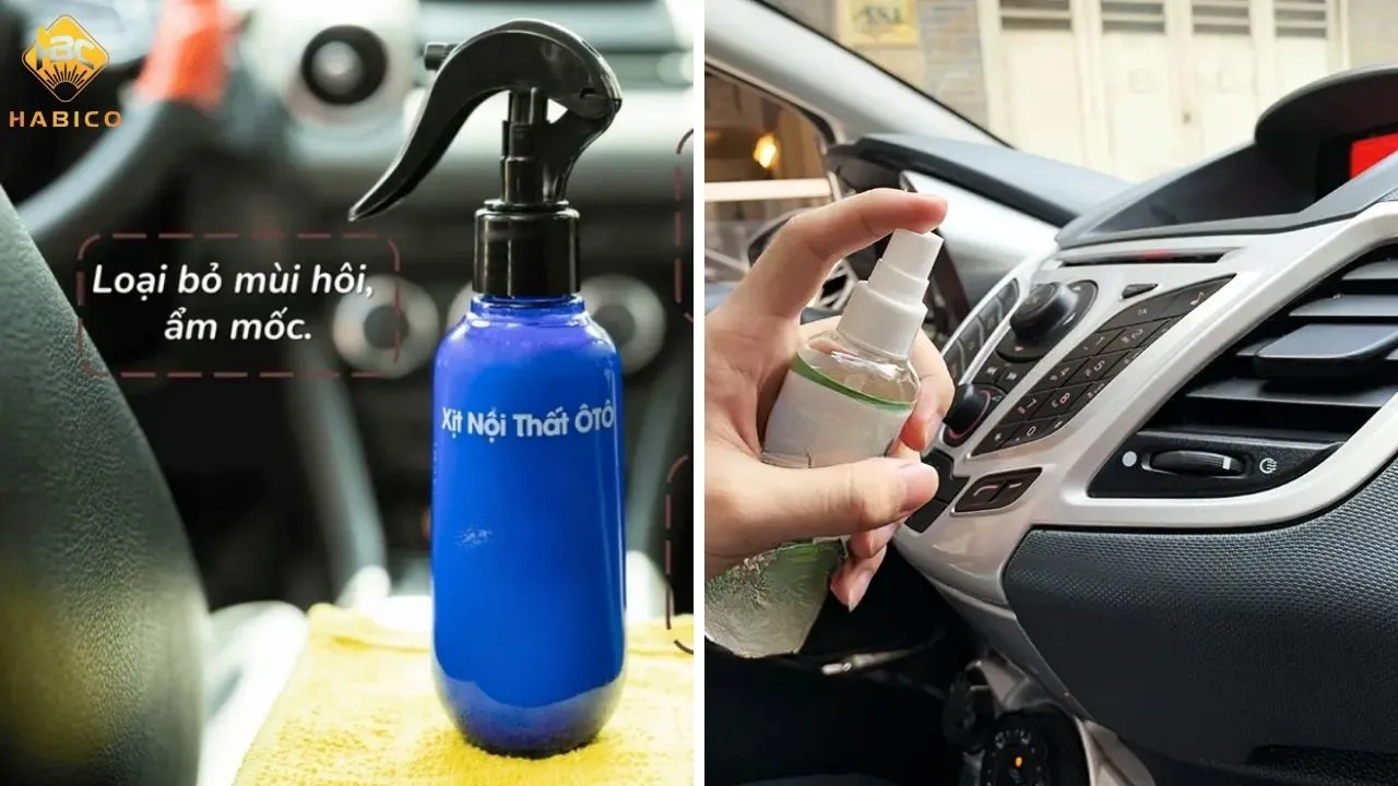 Hình ảnh chai xịt khử mùi chuyên dụng cho nội thất xe hơi, minh họa giải pháp trung hòa hóa học