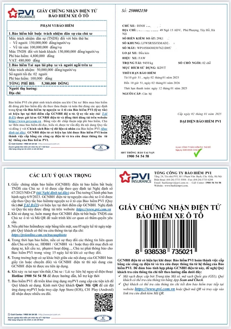 Mẫu Giấy chứng nhận bảo hiểm trách nhiệm dân sự bắt buộc PVI và các thông tin liên quan.